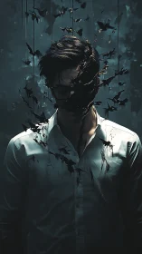 Male figure dissolving into dark fragments on teal field.