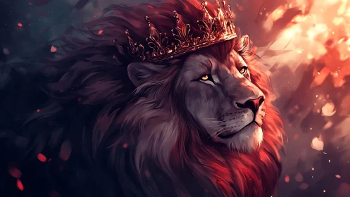 Majestic crowned lion glowing in warm twilight embers.
