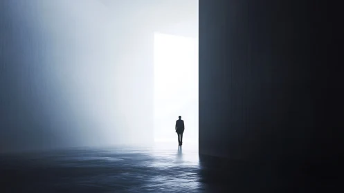 Silhouetted figure walks toward monumental portal of light