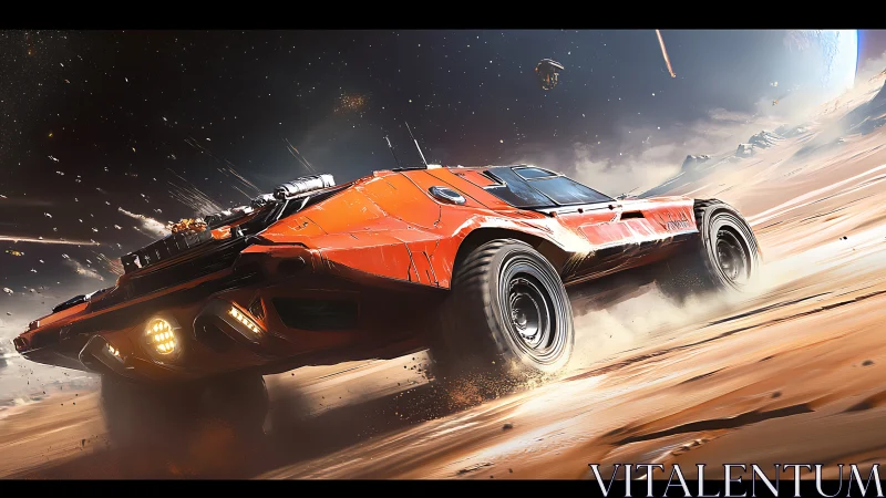 High-speed red rover drifts across desert planet with dynamic dust simulation