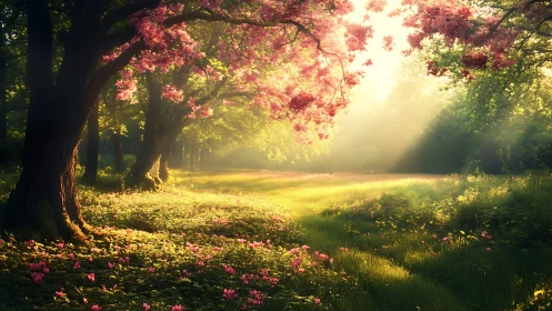 Enchanted Spring Forest with Sunbeams and Pink Blossoms.