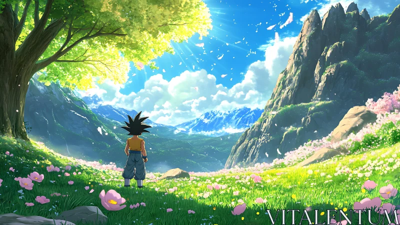 Anime boy in sunlit mountain meadow under blooming tree.