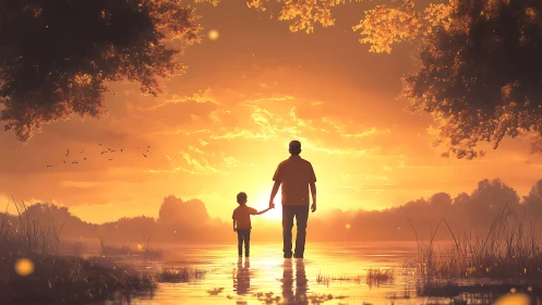 Silhouetted adult and child standing in shallow lake at sunset.