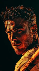 Close-up profile of male athlete holding wooden bat in light.