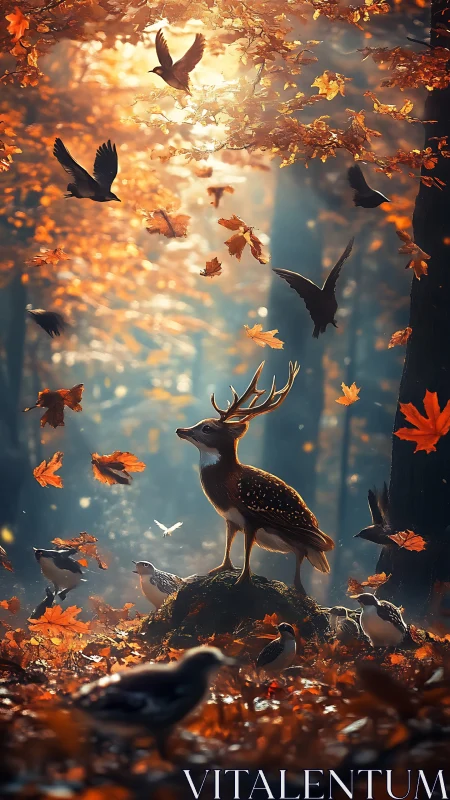 Deer and birds within dense autumn forest environment.