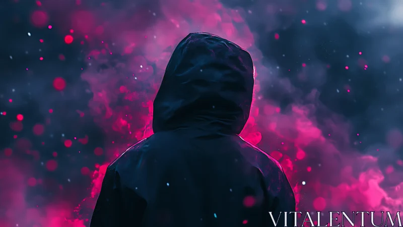 Hooded figure stands in vivid pink and blue smoke cloud.
