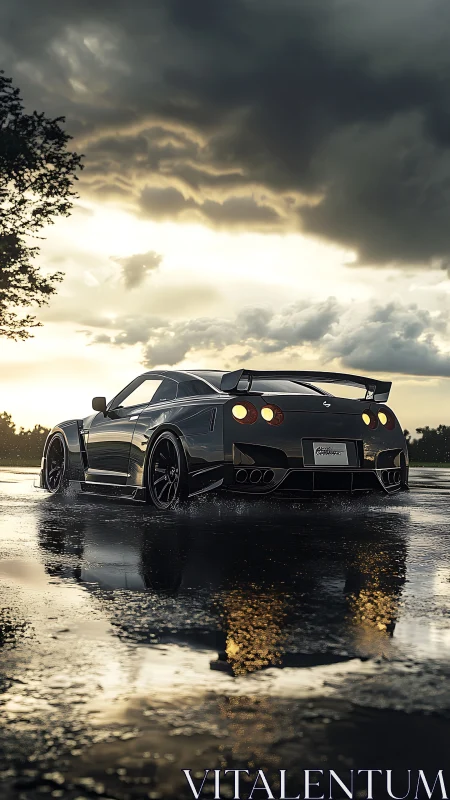 Modified sports coupe is parked on wet asphalt at sunset