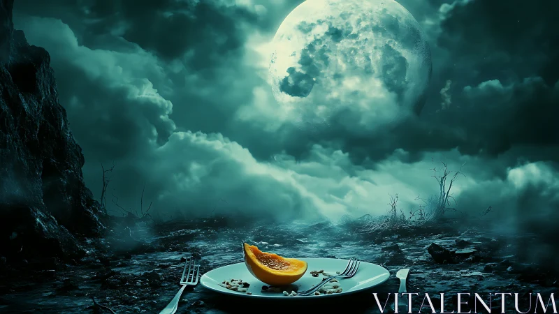 Surreal lunar banquet scene contrasts desolate terrain and fruit