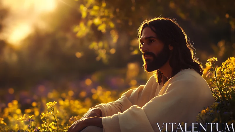 Gentle teacher resting among wildflowers at golden sunset.