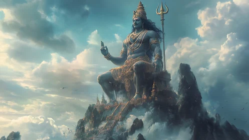 Colossal Shiva deity dominates storm-lit celestial mountainscape