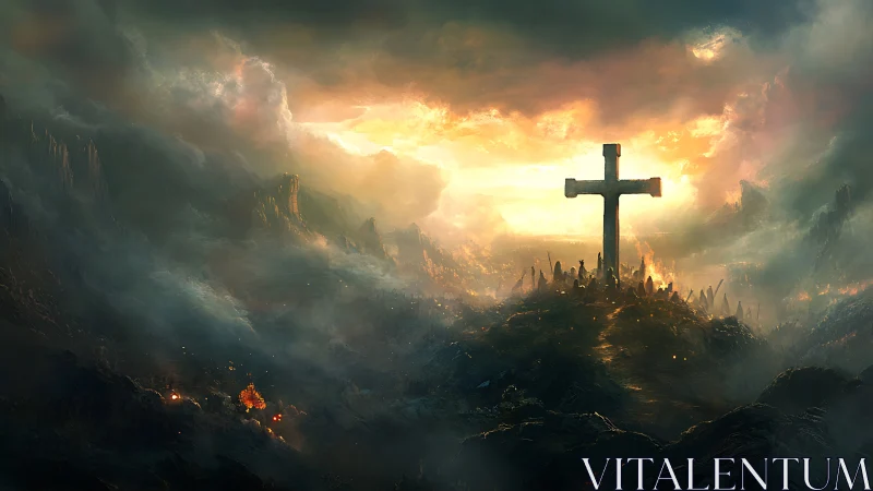 Monolithic cross on volcanic ridge under apocalyptic sky.