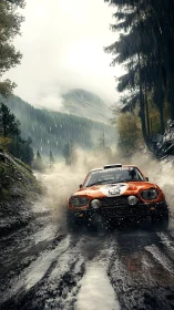 Orange rally car powers through wet forest dirt road