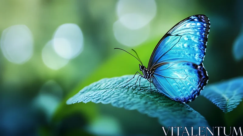 Blue morpho butterfly resting on leaf in soft bokeh light.