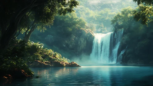 Sunlit jungle waterfall pours into tranquil turquoise pool.