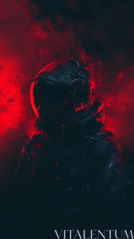 Lone astronaut silhouette glows against red cosmic haze.