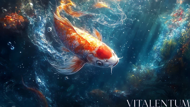 Luminous koi in dynamic underwater current, digital painting.