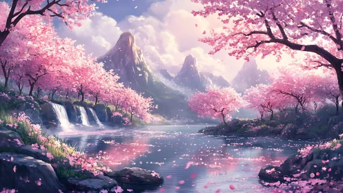 Cherry blossom valley with waterfalls and misty peaks.