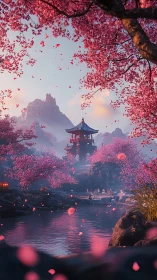 Cherry blossom valley with pagoda and reflective river at dusk.