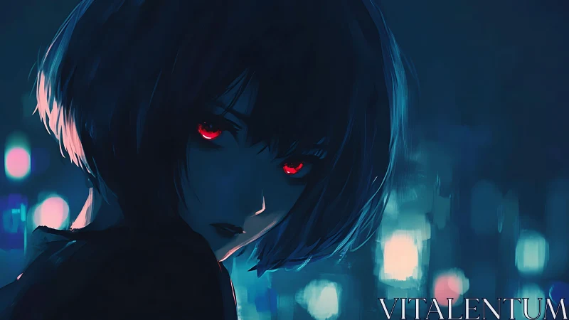 Nocturnal portrait with crimson eyes and neon bokeh glow.
