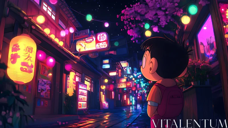 Child explores neon lit alley under lanterns at night