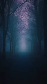 Dense fog corridor in nocturnal forest with cool color gradient