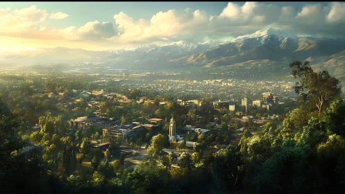Sunlit valley city nestled below soft snowcapped mountains.