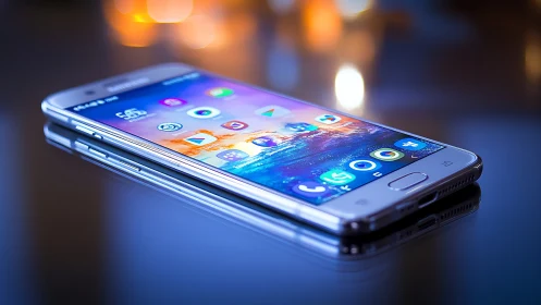 Modern smartphone glowing with apps in nighttime urban setting