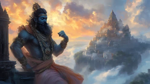 Majestic blue deity rests above clouds near radiant temple