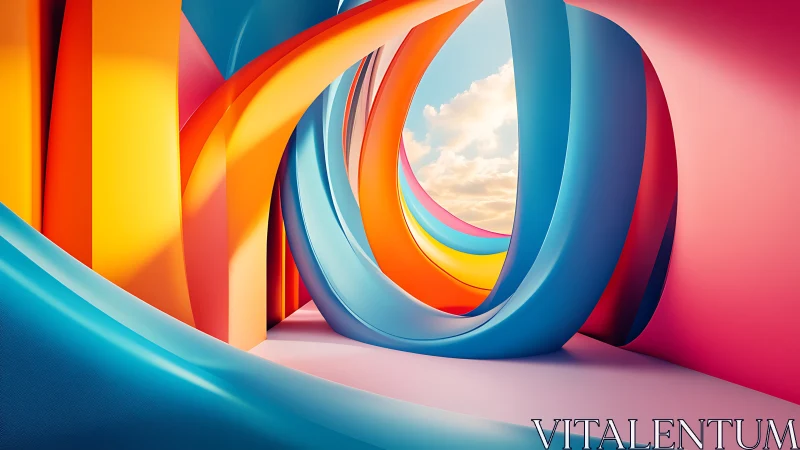 Ribbon gateway of color curling toward a painted sky.