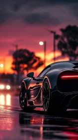 High-performance supercar on wet asphalt under saturated sunset sky