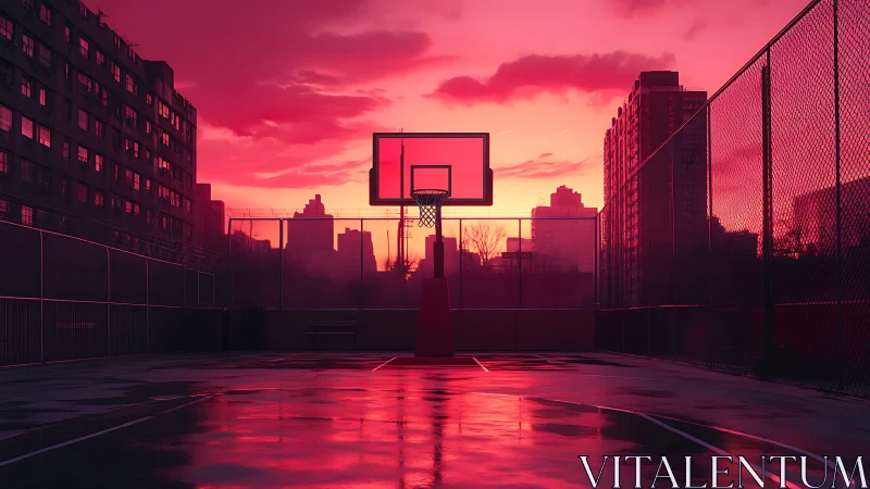 Urban rooftop basketball court at reflective wet dusk horizon