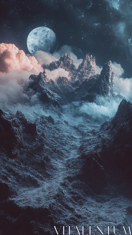 Moonlit alien mountains rise through mist in a frozen dreamscape