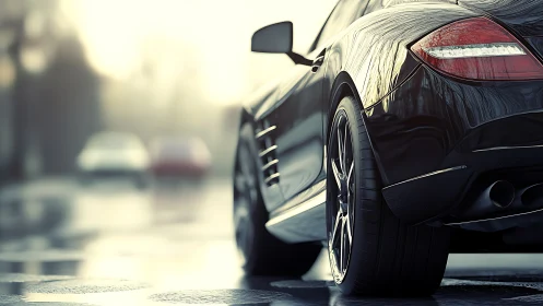 Rear view of black sports car on wet urban street surface.