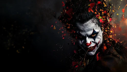 Sinister clown portrait explodes into fiery shards
