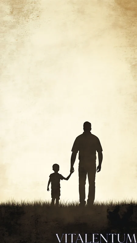 Silhouetted adult and child stand on grassy hill together