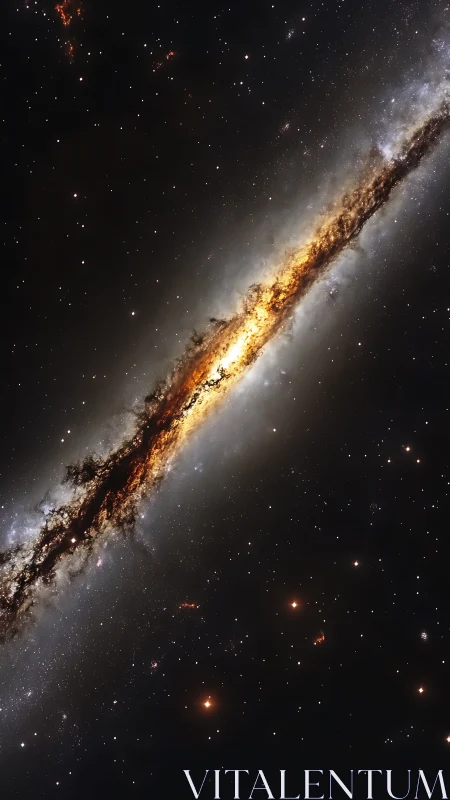 Edge-on spiral galaxy with glowing core and dark dust lane.