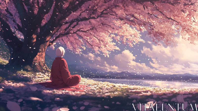 Monk meditates under luminous cherry blossoms by a lake