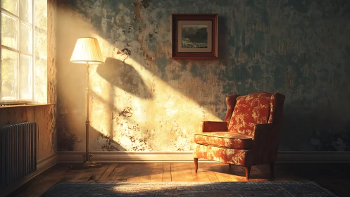 Sunlit vintage armchair and lamp in worn interior corner.