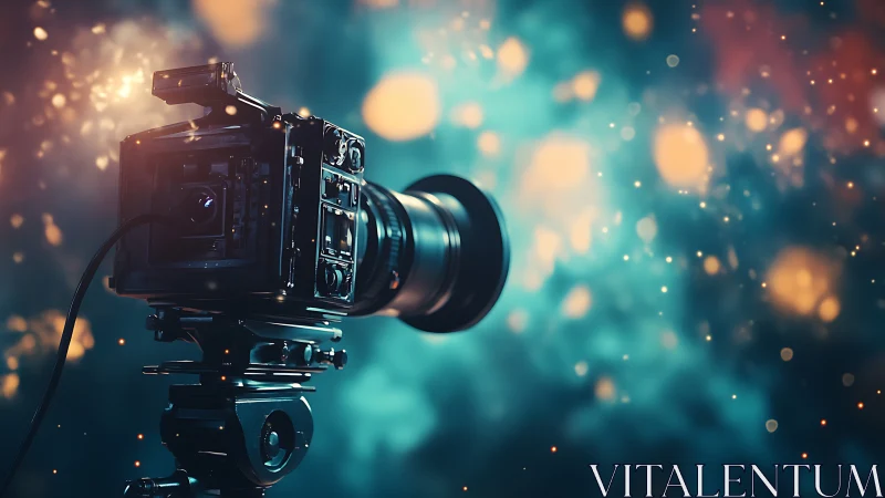 Cinematic video camera isolated against luminous bokeh field