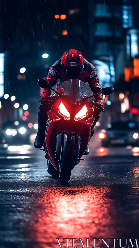 Motorcyclist rides a sport bike on wet city street at night
