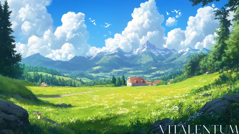 Sunlit mountain valley opens into a bright, peaceful meadow