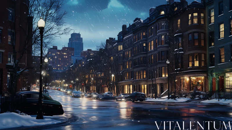 Snowy city street glows with warm townhouse windows at dusk.