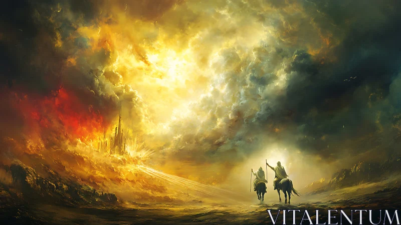 Two riders approach mythic citadel under apocalyptic sky