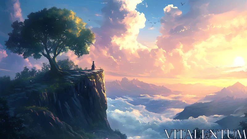 Lone figure stands on sunlit cliff above glowing cloud sea