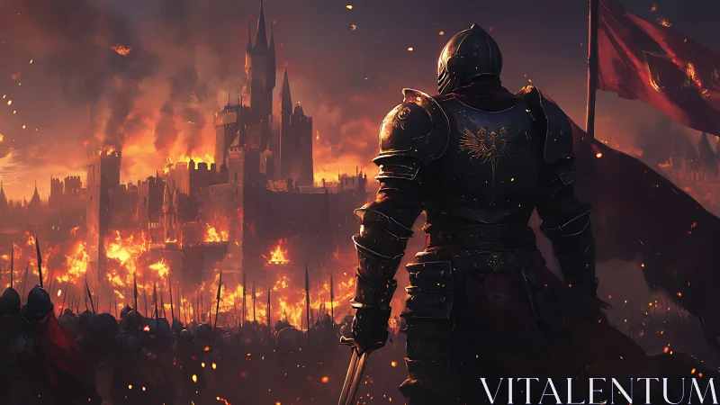 Armored warlord observes burning fortress during siege