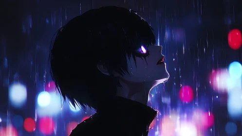 Midnight neon rain and a glowing gaze to the sky.