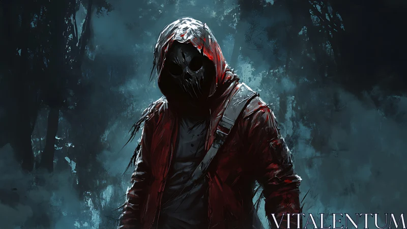 Hooded skull-masked figure stalks through misty forest night
