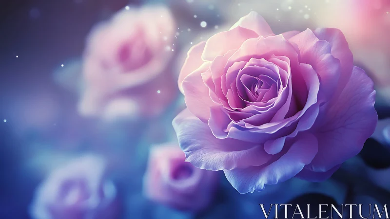 Luminous violet rose blooms softly within ethereal bokeh haze