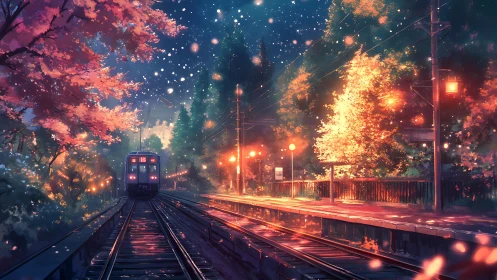 Twilight train gliding through ember kissed forest platform.