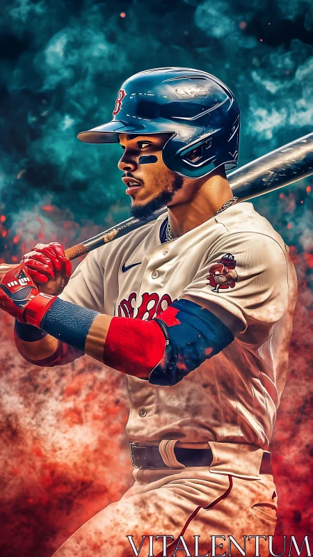 Crimson smoke swirls as the poised slugger loads pure power